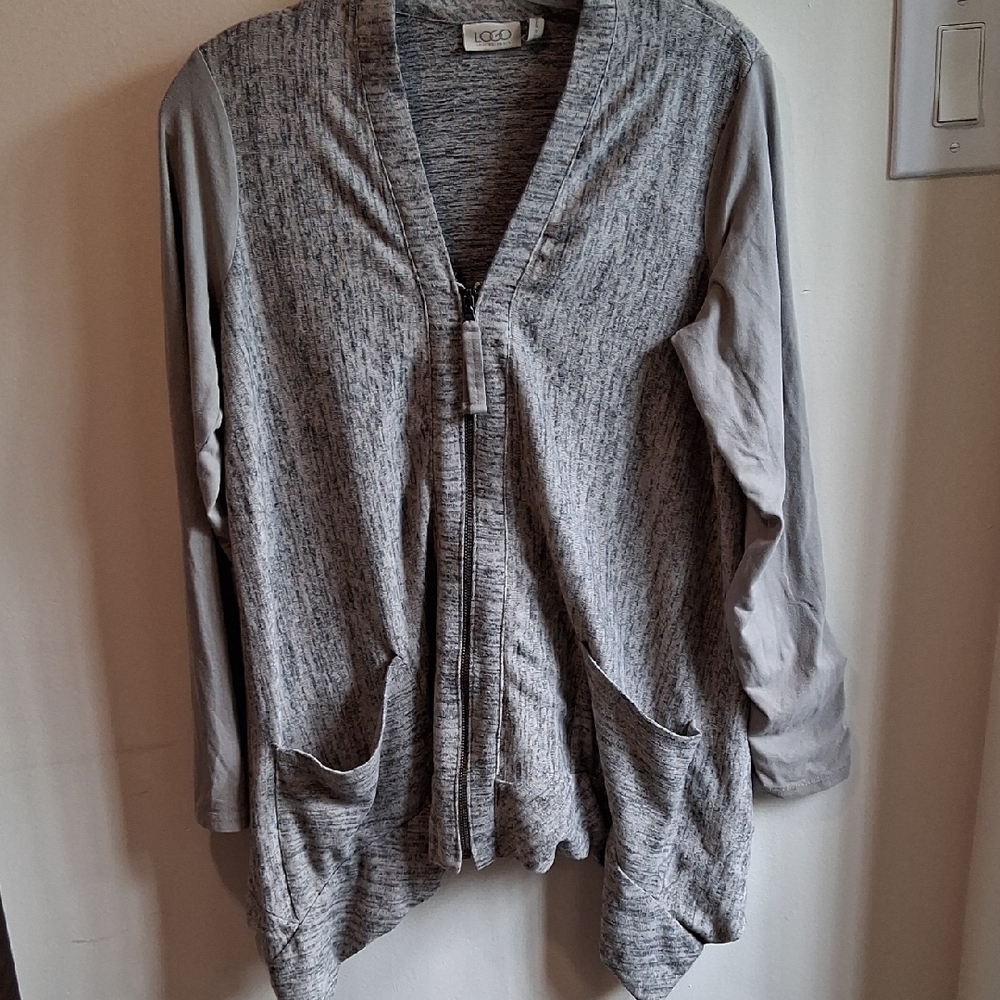 LOGO by Lori Goldstein Gray Zippered  Cardigan